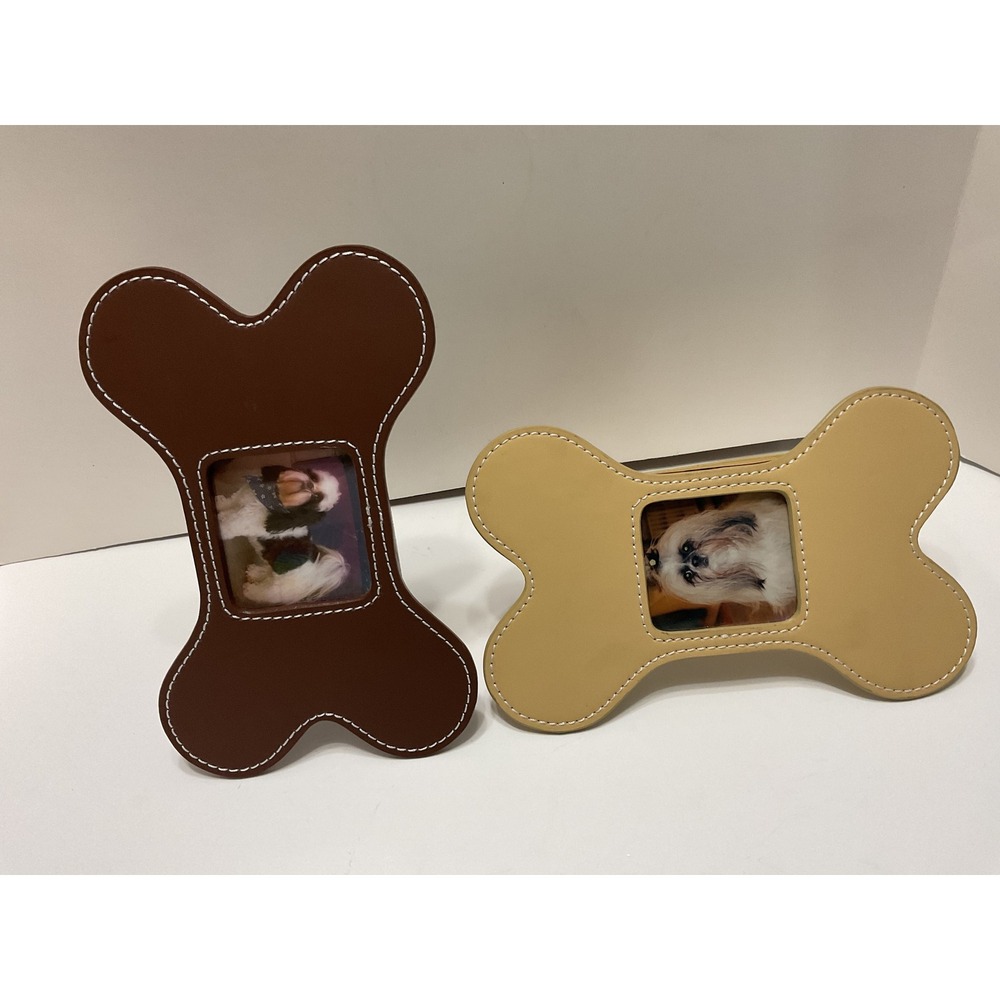 Two's Company Dog Bone Picture Frames Set‎ of 2 Faux Leather Brown Tan Stitched - Picture 2 of 6